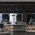 Modern Open Office Interior With Hanging Lights Desks Chairs Bookshelf Marble Countertop And City View