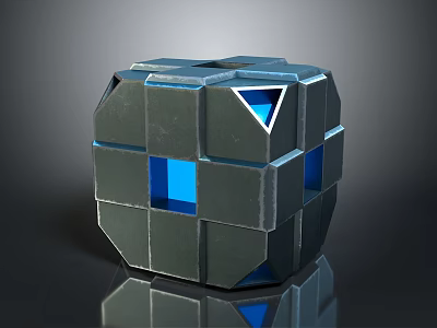 Futuristic Metallic Geometric Device Featuring Cube Structure With Blue Illuminated Panels And Triangular Cutouts 3d model