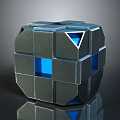 Futuristic Metallic Geometric Device Featuring Cube Structure With Blue Illuminated Panels And Triangular Cutouts 3d model