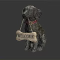 Black and White Dog Statue With Red Collar Holding Bone Shaped Welcome Sign