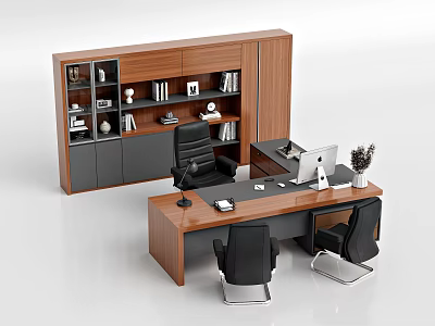 Wooden Office Desk And Black Chairs With Bookshelf Cabinet In Modern Office Setting 3d model