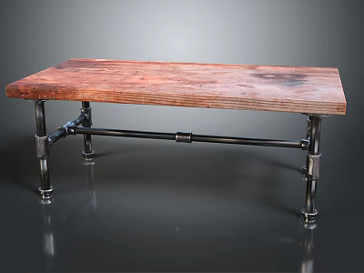 Modern Industrial Table With Sturdy Rustic Wooden Top And Metal Pipe Legs Design 3d model