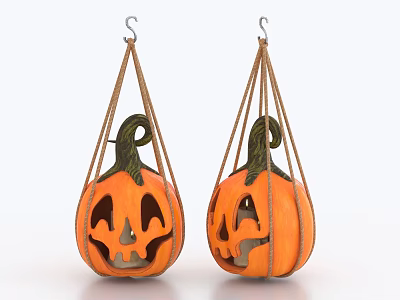 Two Festive Orange Pumpkin Shaped Chandeliers Hanging With Ropes And Carved Smiling Faces 3d model