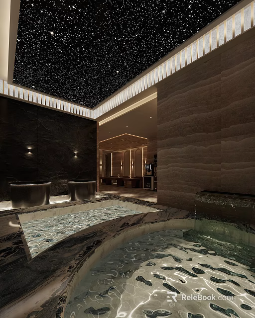 Luxurious SPA Sauna Interior With Stone Walls Bathtubs Water Features And Starry Ceiling 3d model 