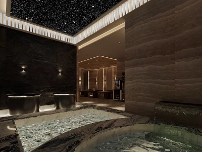 Luxurious SPA Sauna Interior With Stone Walls Bathtubs Water Features And Starry Ceiling 3d model