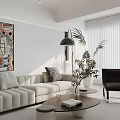 Modern Living And Dining Room Interior With Sofa Coffee Tables Decorative Painting Floor Lamp And Plants