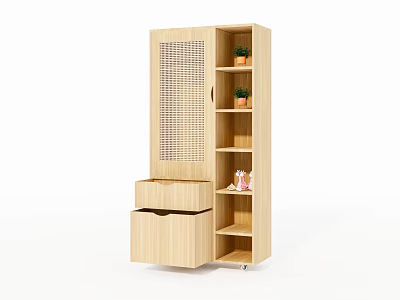 Wooden Storage Cabinet Shelf with Drawers Open Shelves and Grid Door 3d model