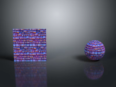 Purple And Blue Cube With Brick Like Texture Alongside Sphere On Black Smooth Surface With Reflections 3d model