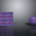 Purple And Blue Cube With Brick Like Texture Alongside Sphere On Black Smooth Surface With Reflections