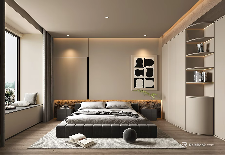 Modern Bedroom Featuring Large Gray Bed Bedding Window Bench Rug Decorative Painting Built-in Wardrobe 3d model 