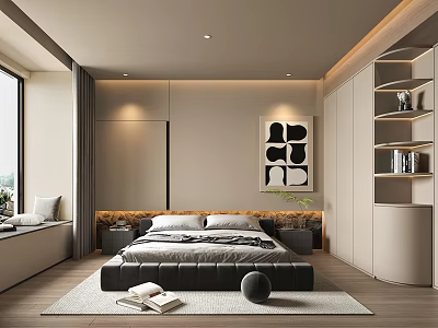 Modern Bedroom Featuring Large Gray Bed Bedding Window Bench Rug Decorative Painting Built-in Wardrobe 3d model
