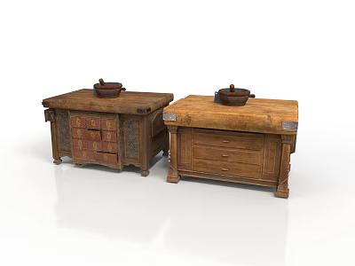 Two Chinese Style Wooden Desks With Decorative Drawers And Inkstone On Top 3d model