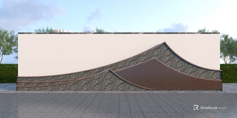 Modern Outdoor Feature Wall With Curved Wooden Slats And Natural Stone Texture 3d model 