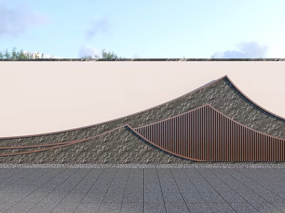 Modern Outdoor Feature Wall With Curved Wooden Slats And Natural Stone Texture 3d model