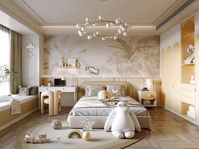 Cozy Kids Room Interior With Tropical Plant Wallpaper Chandelier Bed Desk And Rabbit Plush Toy 3d model