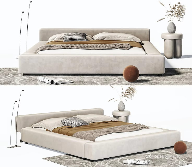 Modern Double Bed Design With Upholstered Headboard Pillows Throw Blanket And Side Table 3d model