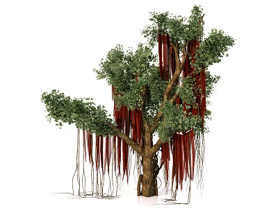 Tall Lush Tree Featuring Green Leaves Long Red Aerial Roots And Brown Trunk 3d model