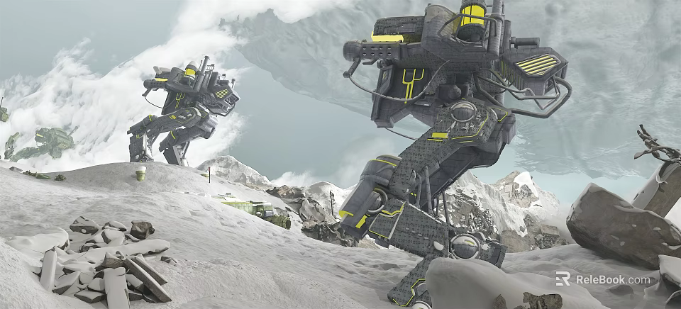 Cartoon Scene With Giant Robots In Snowy Mountain Landscape And Debris 3d model 