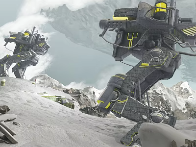 Cartoon Scene With Giant Robots In Snowy Mountain Landscape And Debris 3d model