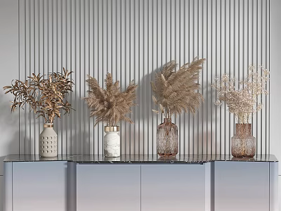 Modern Interior Decorative Vases With Dried Flowers On Cabinet Striped Wall 3d model