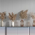 Modern Interior Decorative Vases With Dried Flowers On Cabinet Striped Wall
