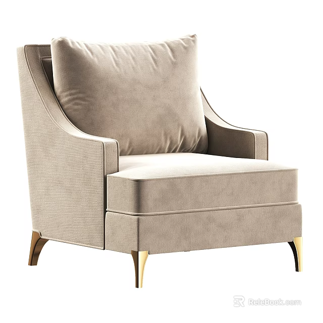 Beige Armchair with Plush Cushion Back and Armrests Golden Legs for Modern Elegant Living Room 3d model 