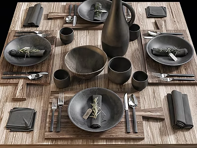 Black Ceramic Dinnerware Set With Bowls Plates Cups Cutlery And Napkins On Wooden Tray 3d model