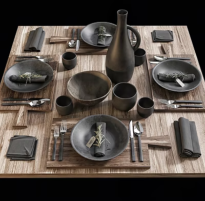 Black Ceramic Dinnerware Set With Bowls Plates Cups Cutlery And Napkins On Wooden Tray 3d model