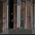 Modern Display Space Featuring Wooden Pillars Colorful Bags On Shelves And Marble Countertop