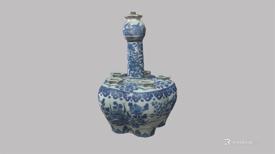 Antique Blue and White Porcelain Vase Adorned with Delicate Plant and Floral Designs 3d model 