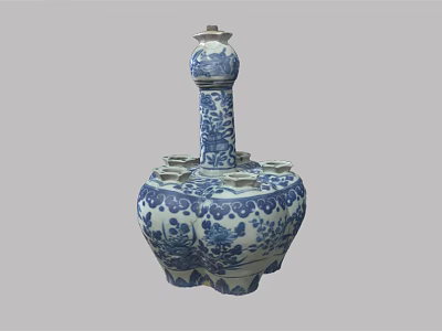 Antique Blue and White Porcelain Vase Adorned with Delicate Plant and Floral Designs 3d model