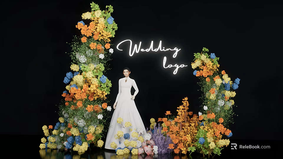 Wedding Floral Decoration With Bride In White Wedding Dress And Colorful Flowers 3d model 