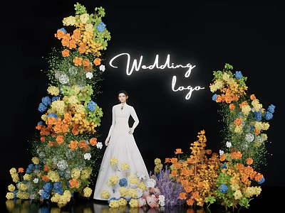 Wedding Floral Decoration With Bride In White Wedding Dress And Colorful Flowers 3d model