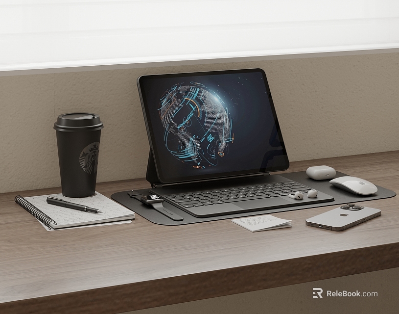 Modern Tablet Workstation with Keyboard Mouse on Wooden Desk Coffee Cup Notebook and Smartphone 3d model 