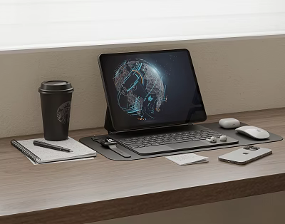Modern Tablet Workstation with Keyboard Mouse on Wooden Desk Coffee Cup Notebook and Smartphone 3d model