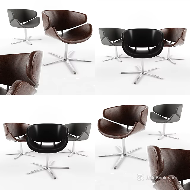 Modern Brown and Black Office Chair with Leather Upholstery and Metal Swivel Base 3d model 