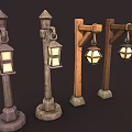 Vintage Street Lamps With Stone And Wooden Posts And Hanging Lanterns 3d model