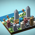 Cartoon Pixel City Scene With Various Colored Tall Buildings Trees Beach And Water