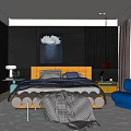 Modern Bedroom Interior With Yellow Headboard Blue Chair And Dark Wall Painting