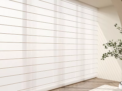 White Vertical Striped Curtains In Indoor Interior With Green Plant And Light Colored Wall 3d model