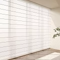 White Vertical Striped Curtains In Indoor Interior With Green Plant And Light Colored Wall