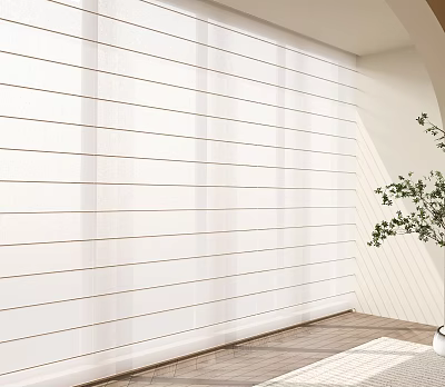 White Vertical Striped Curtains In Indoor Interior With Green Plant And Light Colored Wall 3d model