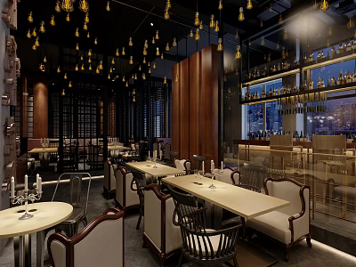 Elegant Restaurant Interior With Hanging Chandeliers Wooden Tables And Wine Shelves 3d model
