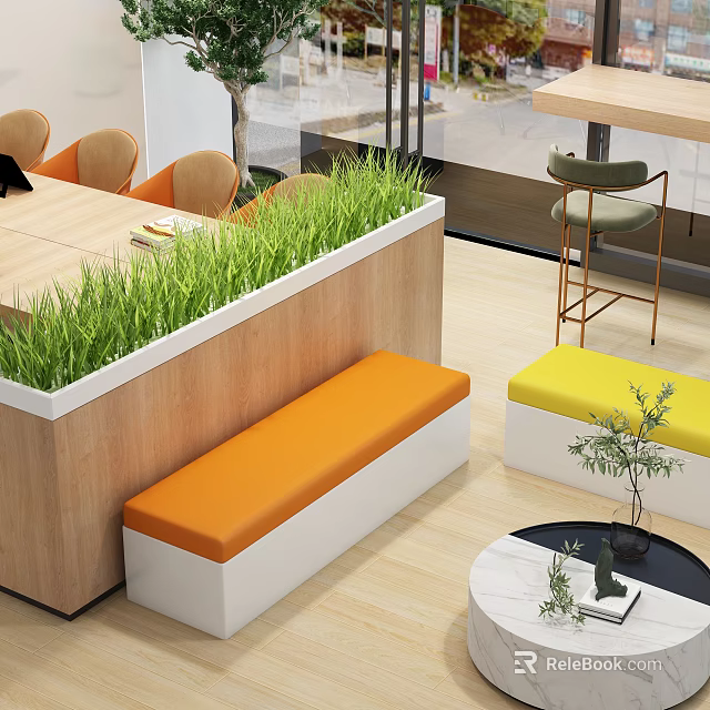 Modern Indoor Lounge With Orange Yellow Upholstered Wooden Benches And Green Plants 3d model 