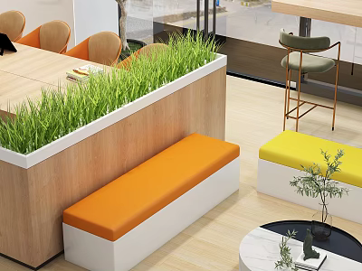 Modern Indoor Lounge With Orange Yellow Upholstered Wooden Benches And Green Plants 3d model