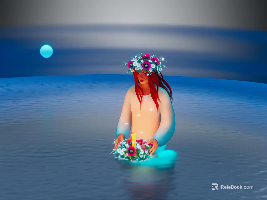 Figure with Flower Wreath Sitting in Blue Water Holding Flower Bouquet Under Blue Moon 3d model 