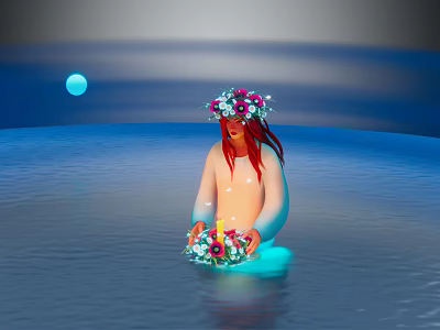 Figure with Flower Wreath Sitting in Blue Water Holding Flower Bouquet Under Blue Moon 3d model