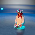 Figure with Flower Wreath Sitting in Blue Water Holding Flower Bouquet Under Blue Moon