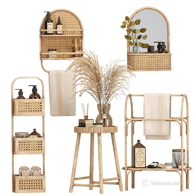 Stylish Bathroom Accessories Including Rattan Shelves Towel Racks Storage Baskets Fragrance Bottles And Decorative Plants 3d model 