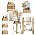 Stylish Bathroom Accessories Including Rattan Shelves Towel Racks Storage Baskets Fragrance Bottles And Decorative Plants
